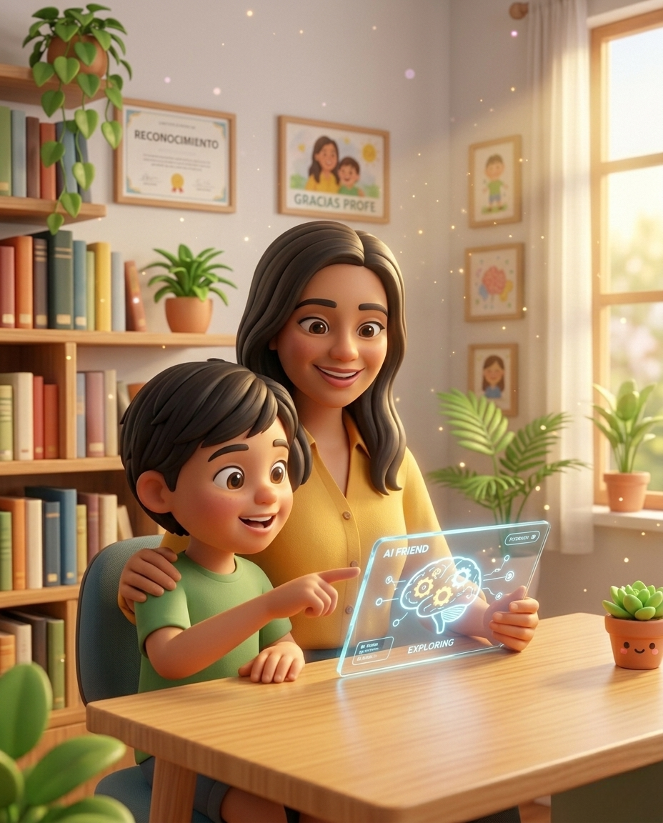 Maestra y alumno usando inteligencia artificial ética y herramientas digitales en el aula