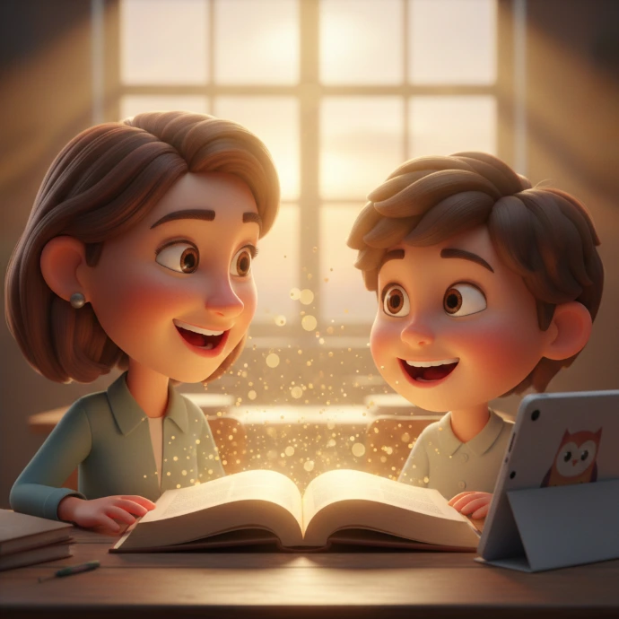 Madre e hijo haciendo tareas