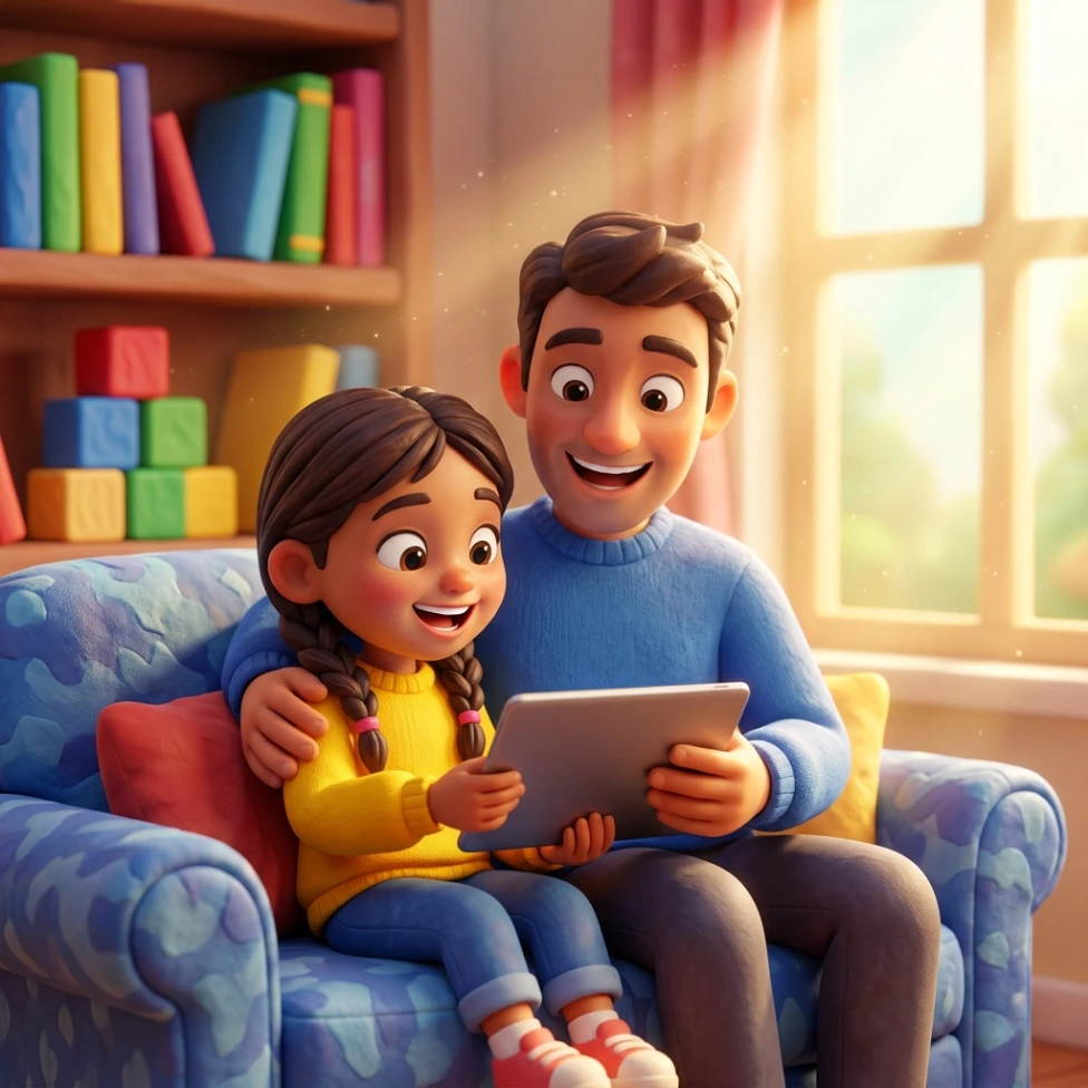 Padre e hija estudiando gustosamente 